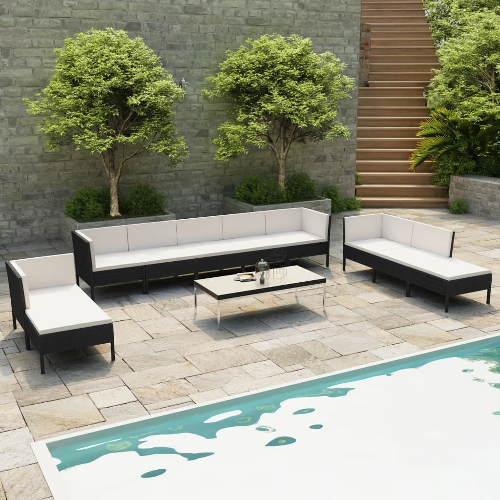 vidaXL 10-delige Loungeset met kussens poly rattan zwart