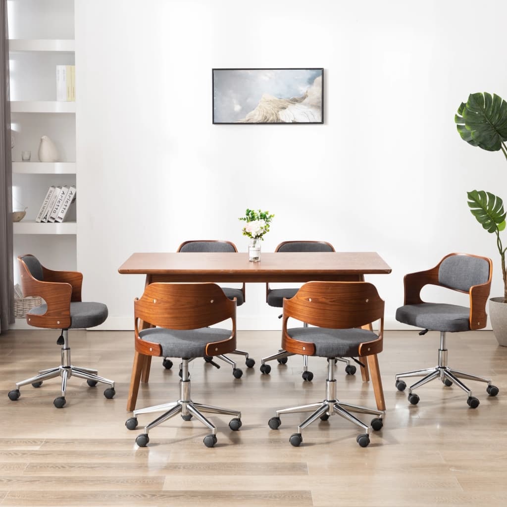 VidaXL Eetkamerstoelen 6 st draaibaar gebogen hout en stof grijs