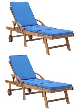 VidaXL Ligbedden met kussens 2 st massief teakhout blauw