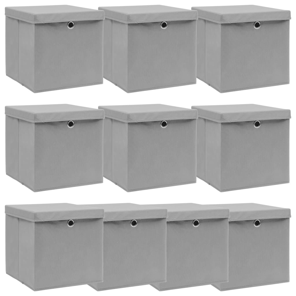 VidaXL Opbergboxen met deksel 10 st 32x32x32 cm stof grijs