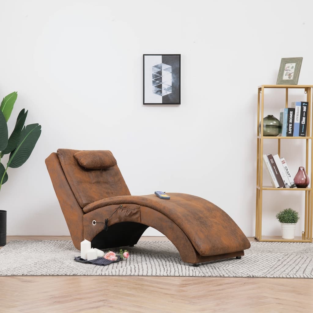 vidaXL Massage chaise longue met kussen kunstsuède bruin