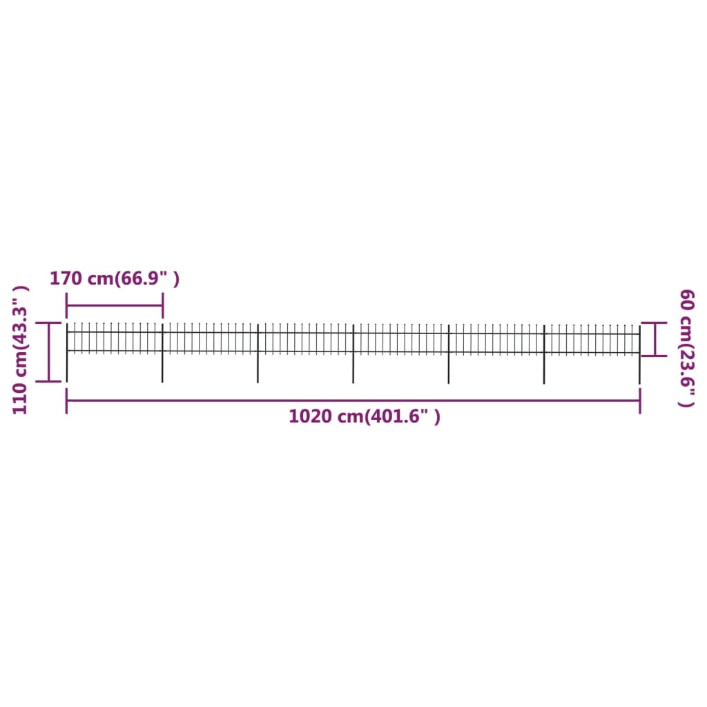 VidaXL Tuinhek met speren bovenkant 10,2x0,6 m staal zwart