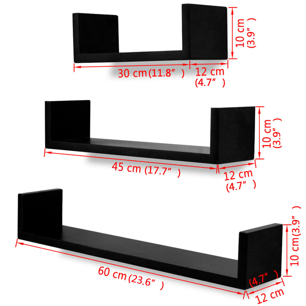 vidaXL 3 st Wandschappen U-vormig MDF zwart