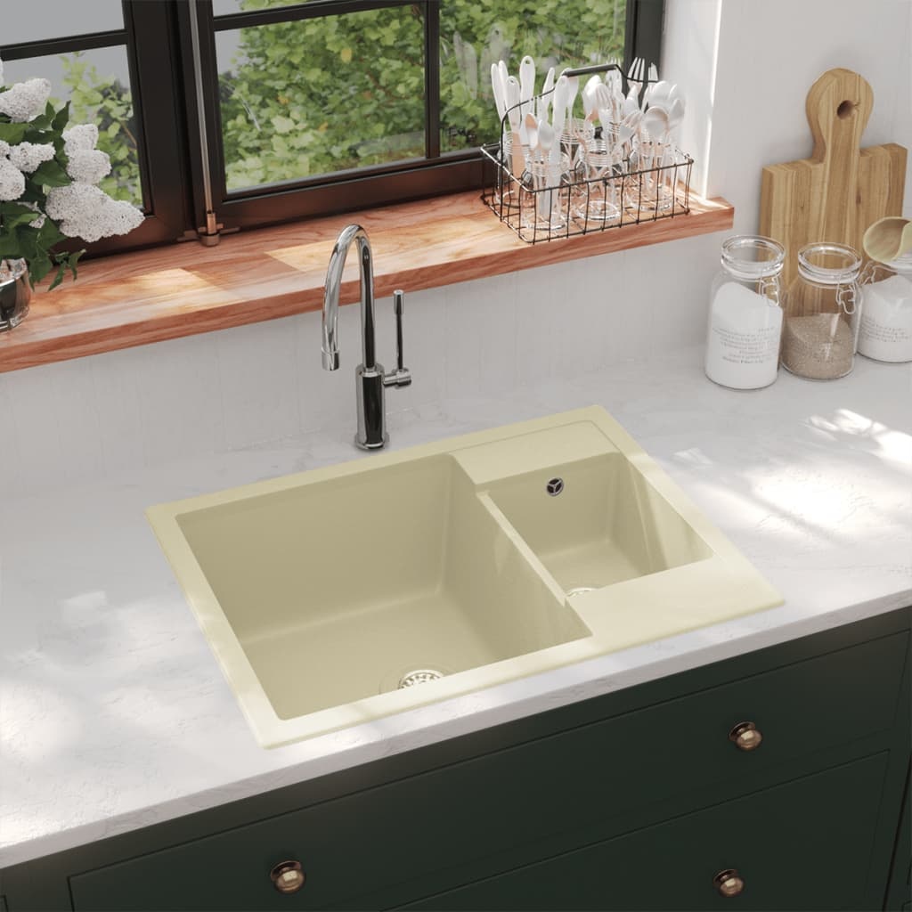 VidaXL Gootsteen dubbele bakken met overloopgat graniet beige