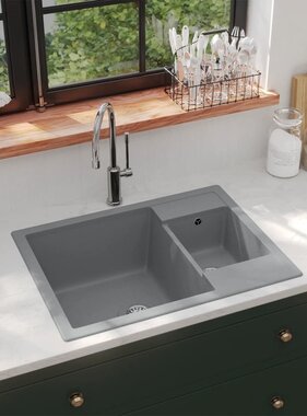 VidaXL Gootsteen dubbele bakken met overloopgat graniet grijs