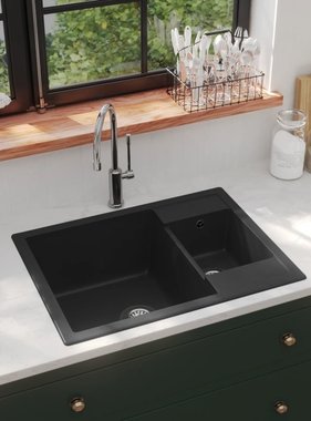 VidaXL Gootsteen dubbele bakken met overloopgat graniet zwart