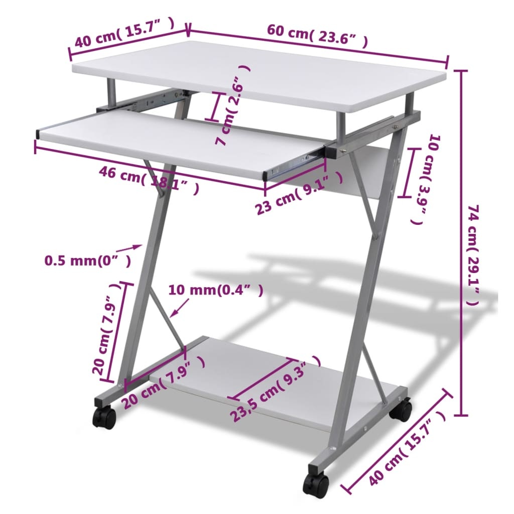 vidaXL Studenten computerbureau 60 x 40 x 75 cm (wit)