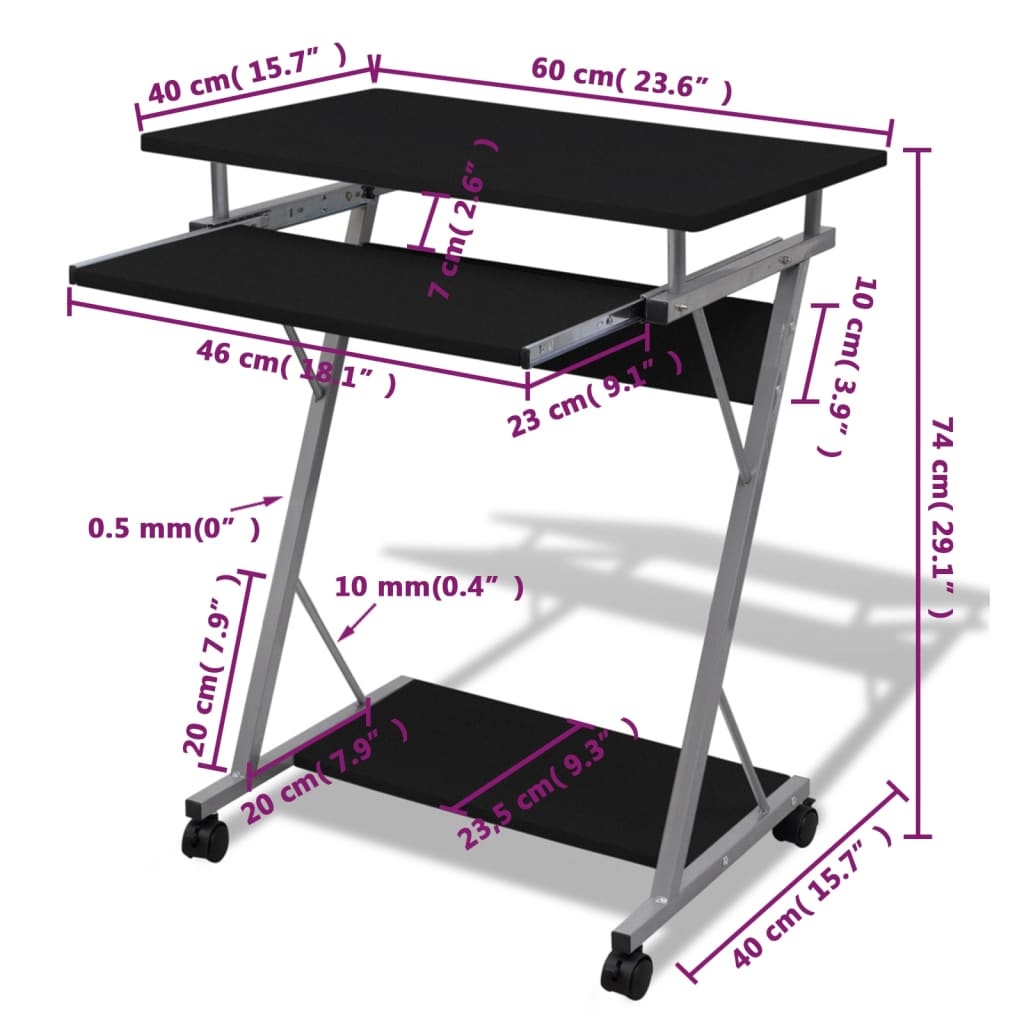 vidaXL Studenten computerbureau 60 x 40 x 75 cm (zwart)