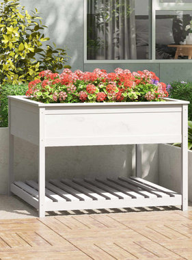VidaXL Plantenbak met schap 111,5x111,5x81 cm massief grenenhout wit