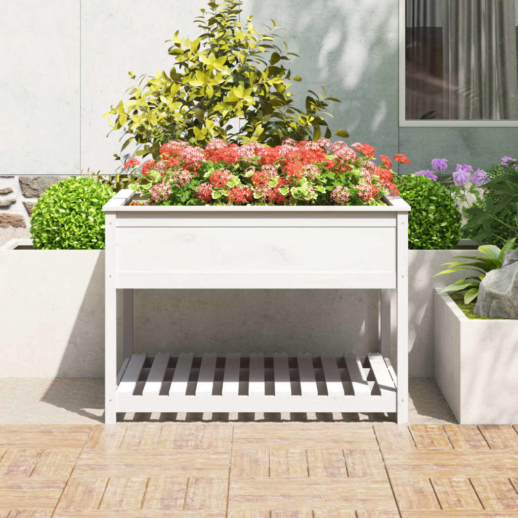 VidaXL Plantenbak met schap 111,5x111,5x81 cm massief grenenhout wit