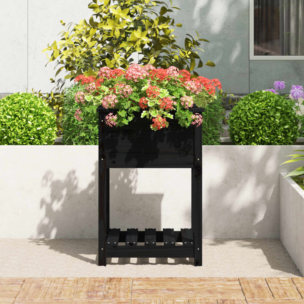 VidaXL Plantenbak met schap 54x54x81 cm massief grenenhout zwart
