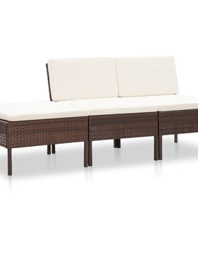 vidaXL 3-delige Loungeset met kussens poly rattan bruin