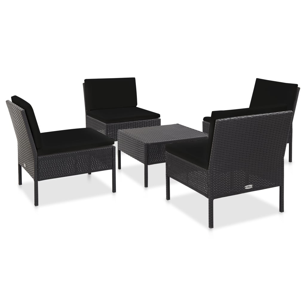 vidaXL 5-delige Loungeset met kussens poly rattan zwart