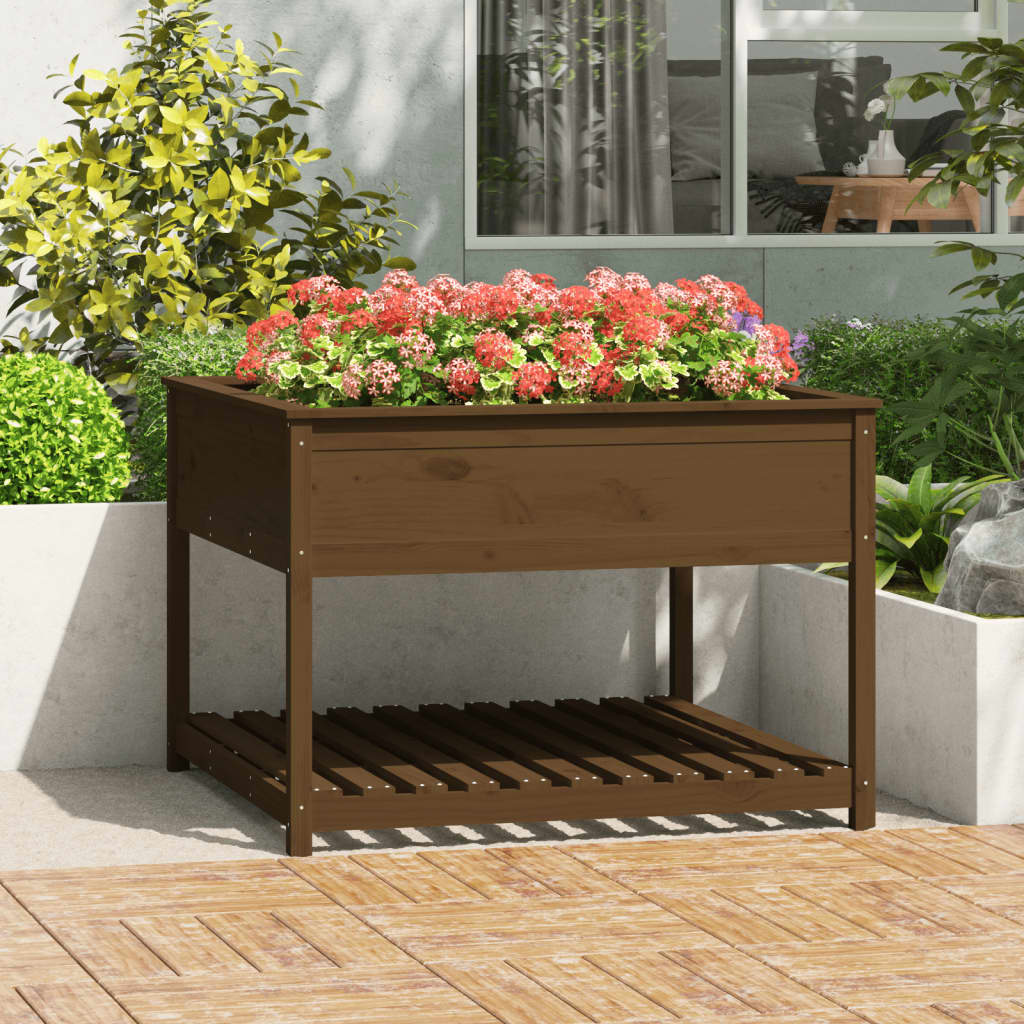 VidaXL Plantenbak met schap 111,5x111,5x81 cm grenenhout honingbruin