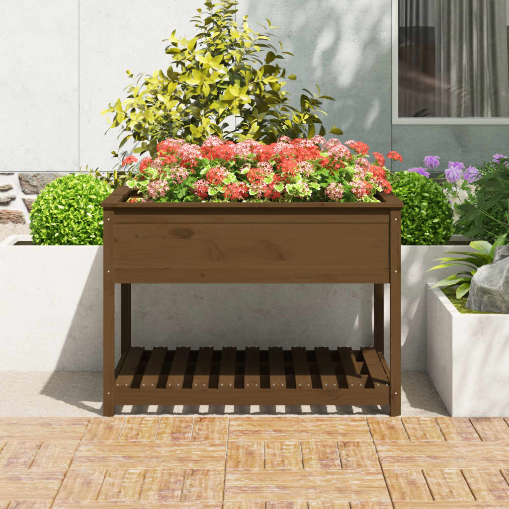 VidaXL Plantenbak met schap 111,5x111,5x81 cm grenenhout honingbruin