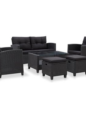 vidaXL 6-delige Loungeset met kussens poly rattan zwart