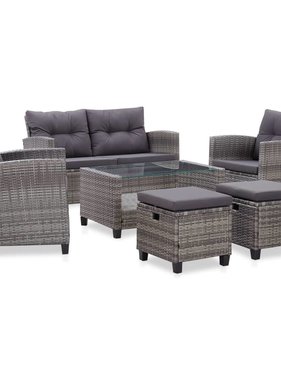 vidaXL 6-delige Loungeset met kussens poly rattan donkergrijs