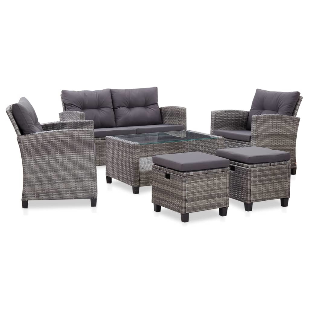 vidaXL 6-delige Loungeset met kussens poly rattan donkergrijs