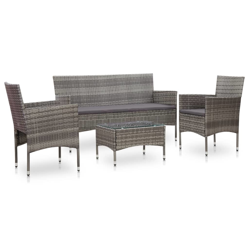 vidaXL 4-delige Loungeset met kussens poly rattan grijs