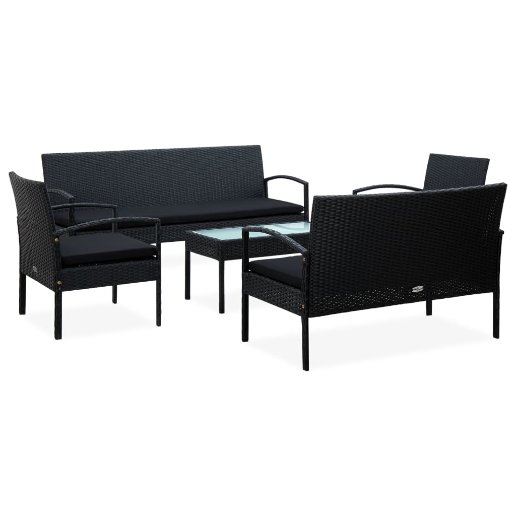 vidaXL 5-delige Loungeset met kussens poly rattan zwart