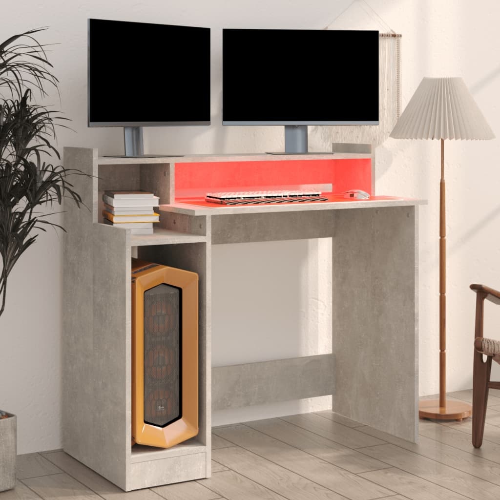 VidaXL Bureau met LED-verlichting 97x90x45 cm bewerkt hout betongrijs