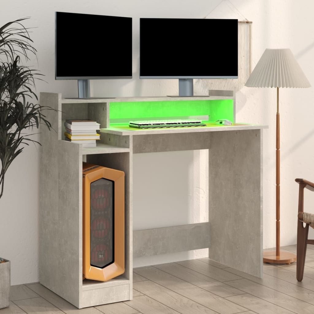 VidaXL Bureau met LED-verlichting 97x90x45 cm bewerkt hout betongrijs