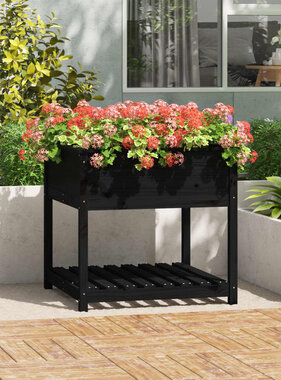 VidaXL Plantenbak met schap 82,5x82,5x81 cm massief grenenhout zwart