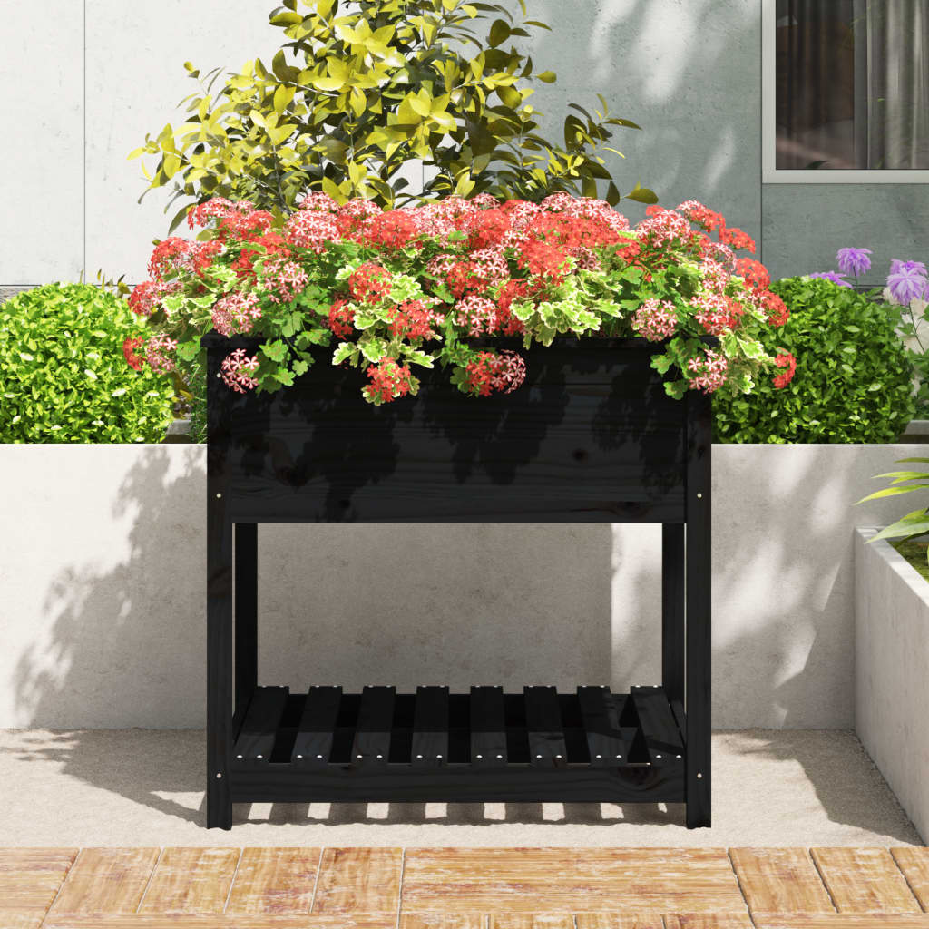 VidaXL Plantenbak met schap 82,5x82,5x81 cm massief grenenhout zwart