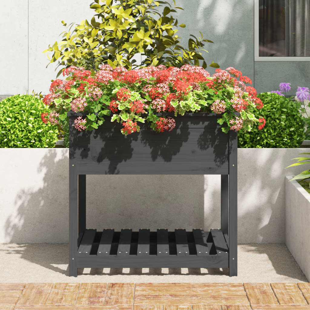 VidaXL Plantenbak met schap 82,5x82,5x81 cm massief grenenhout grijs