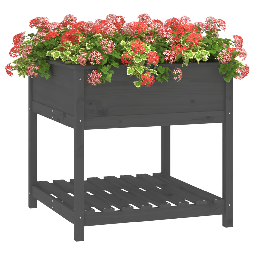 VidaXL Plantenbak met schap 82,5x82,5x81 cm massief grenenhout grijs