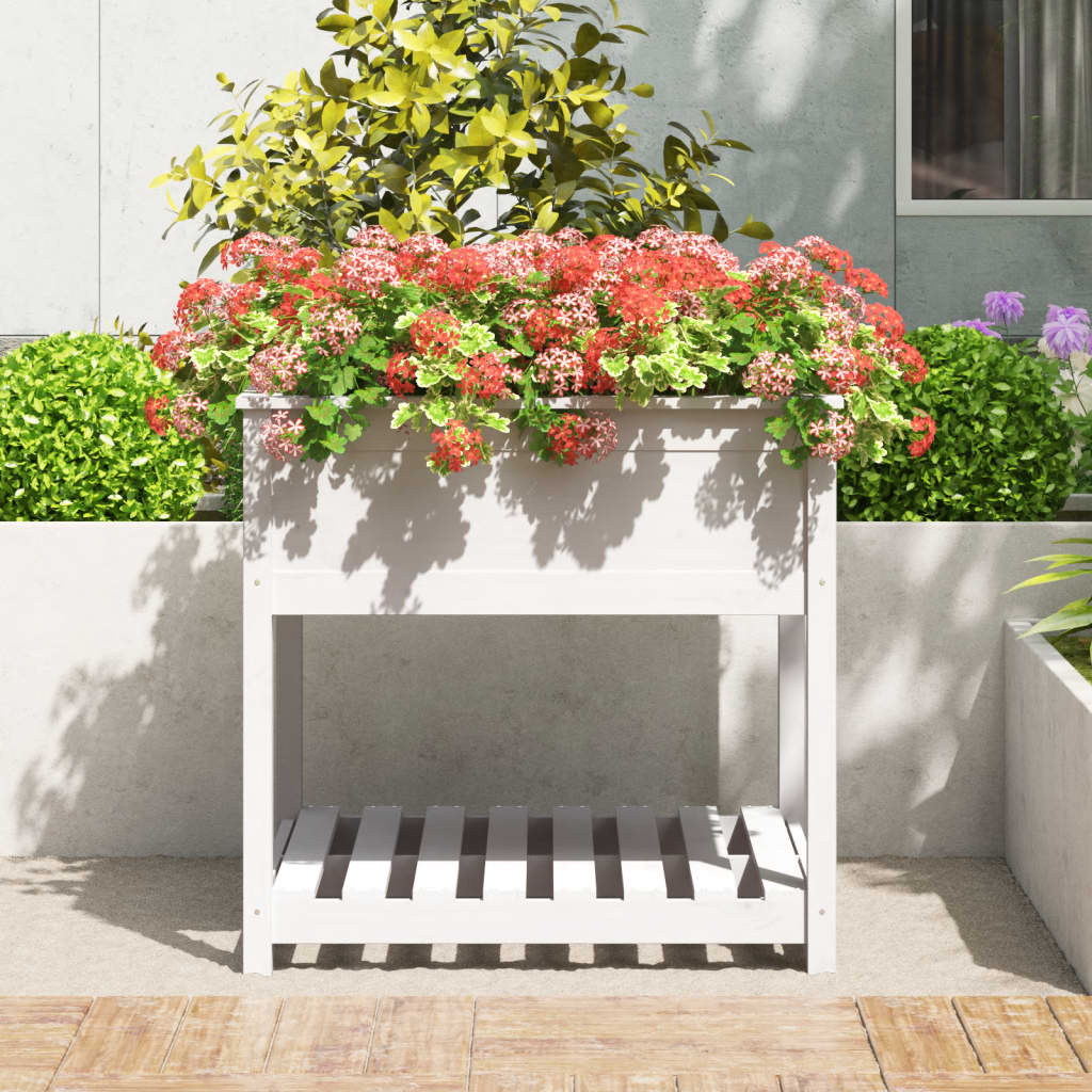 VidaXL Plantenbak met schap 82,5x82,5x81 cm massief grenenhout wit