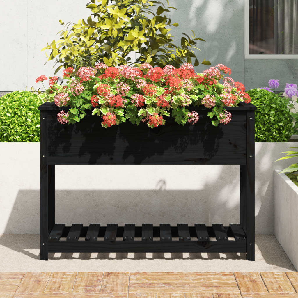 VidaXL Plantenbak met schap 111,5x54x81 cm massief grenenhout zwart