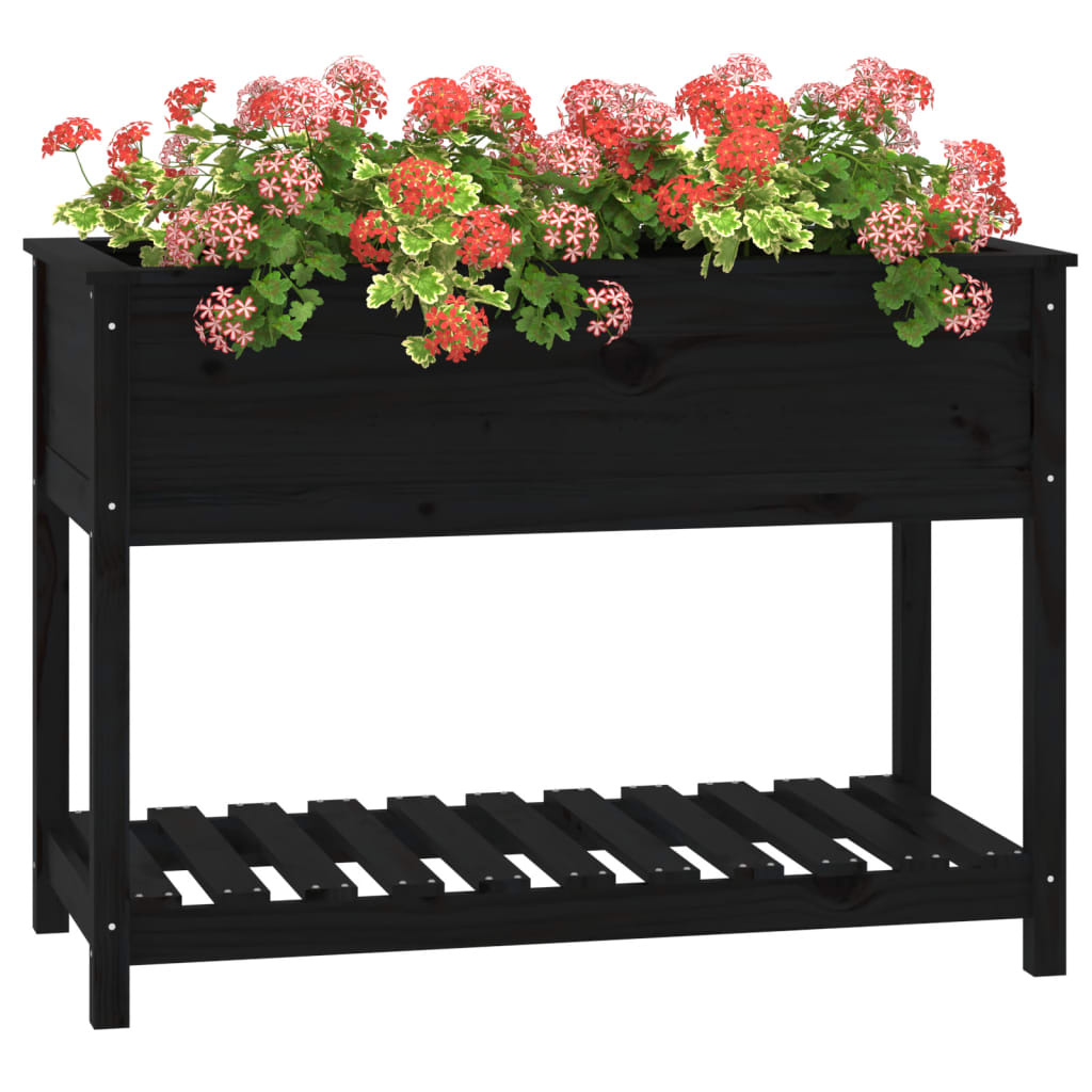 VidaXL Plantenbak met schap 111,5x54x81 cm massief grenenhout zwart