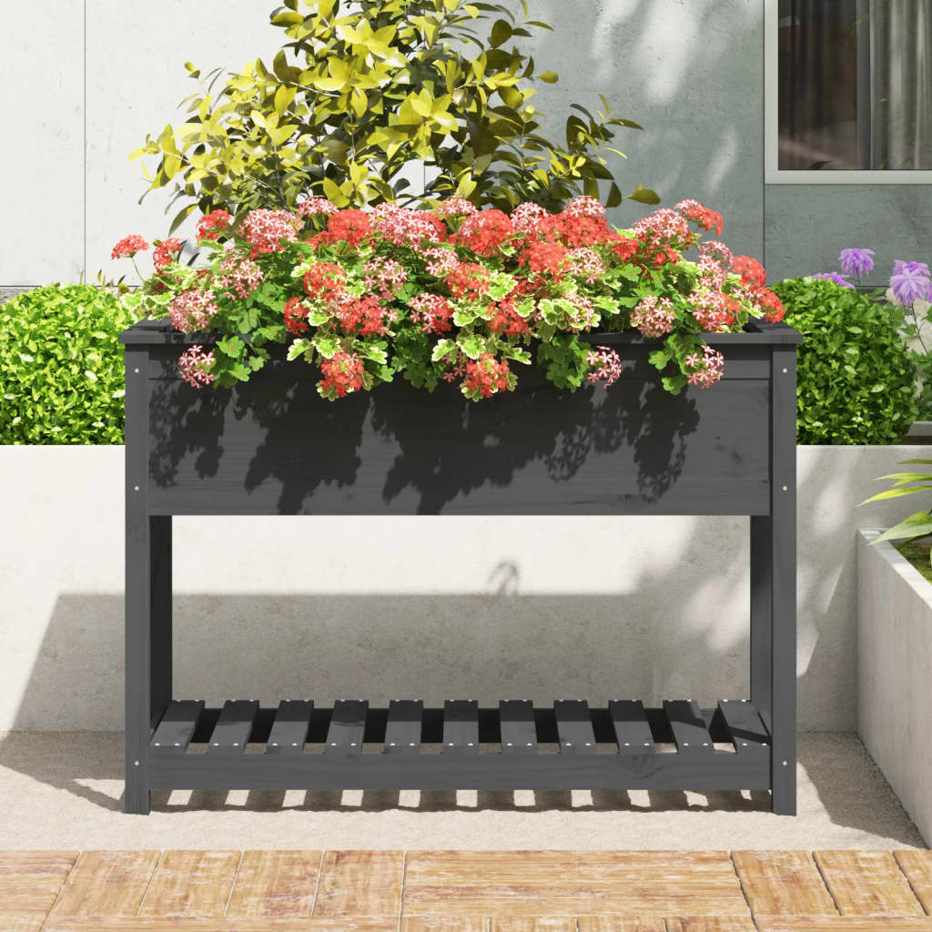 VidaXL Plantenbak met schap 111,5x54x81 cm massief grenenhout grijs