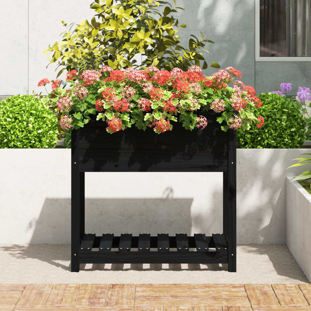 VidaXL Plantenbak met schap 82,5x54x81 cm massief grenenhout zwart