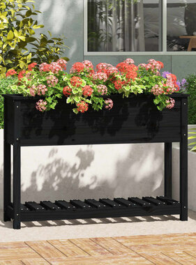 VidaXL Plantenbak met schap 111,5x34,5x81 cm massief grenenhout zwart