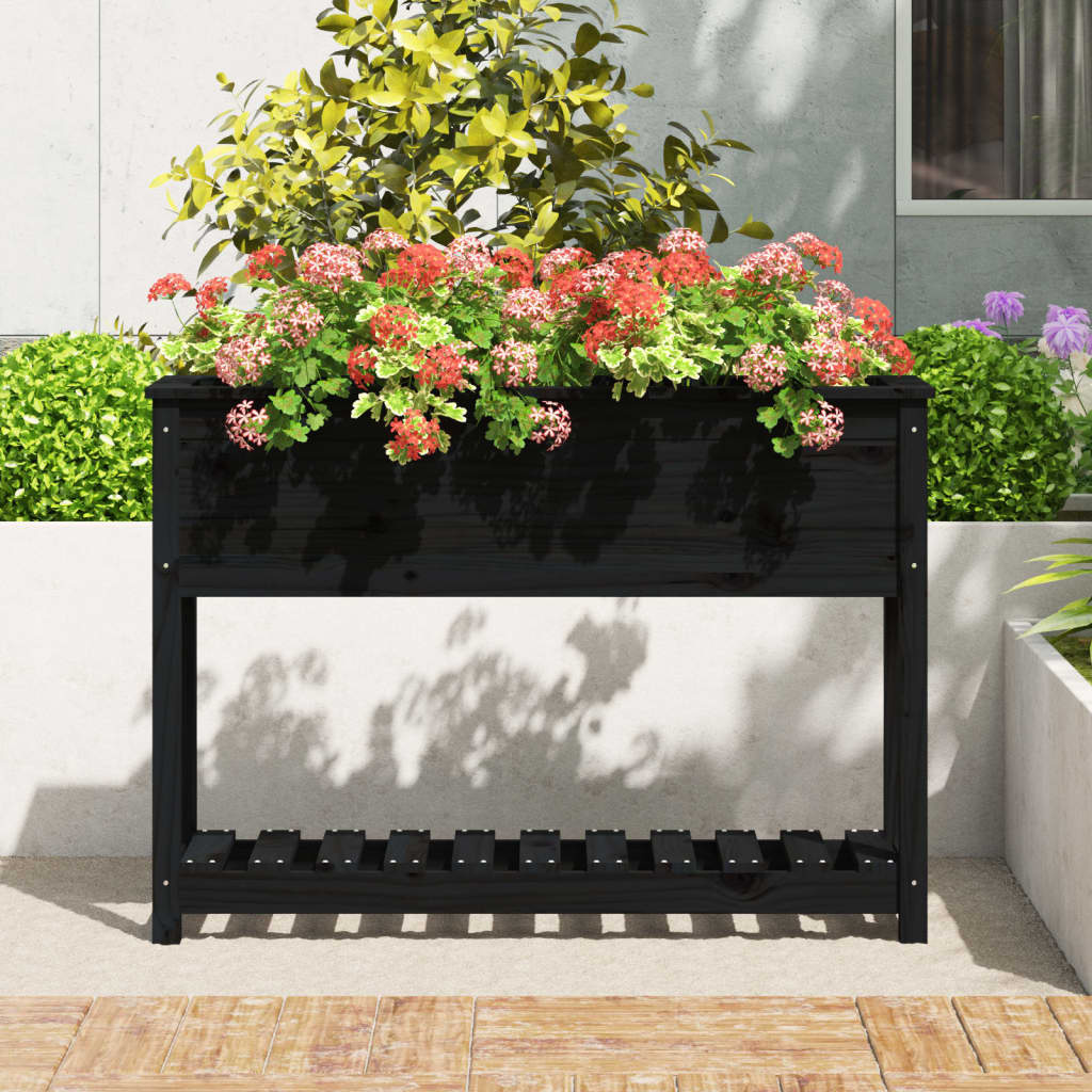 VidaXL Plantenbak met schap 111,5x34,5x81 cm massief grenenhout zwart