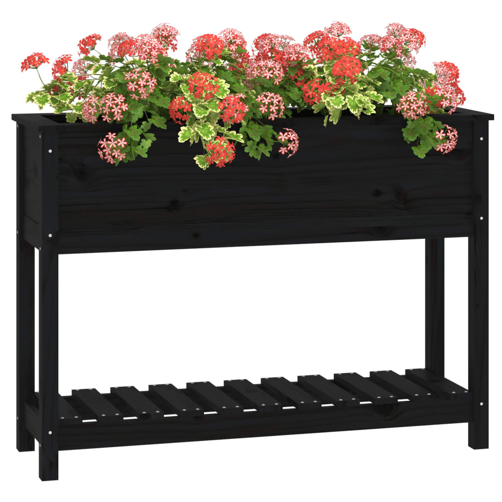VidaXL Plantenbak met schap 111,5x34,5x81 cm massief grenenhout zwart