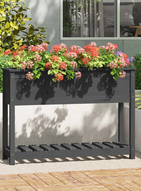 VidaXL Plantenbak met schap 111,5x34,5x81 cm massief grenenhout grijs