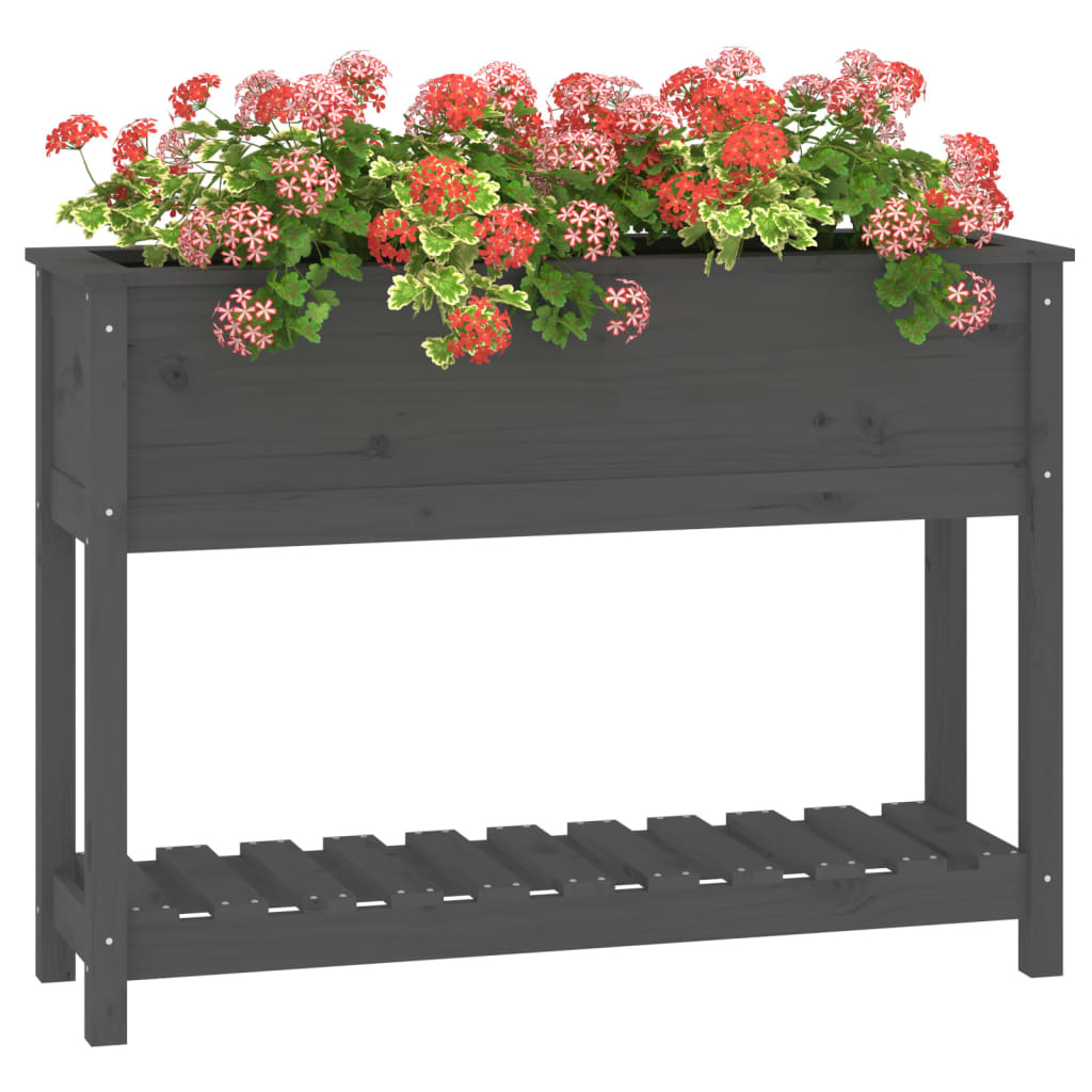 VidaXL Plantenbak met schap 111,5x34,5x81 cm massief grenenhout grijs