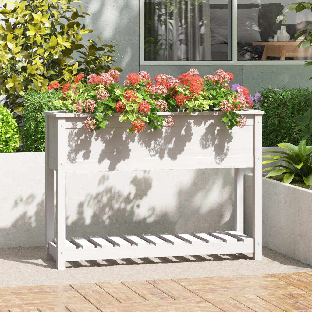 VidaXL Plantenbak met schap 111,5x34,5x81 cm massief grenenhout wit