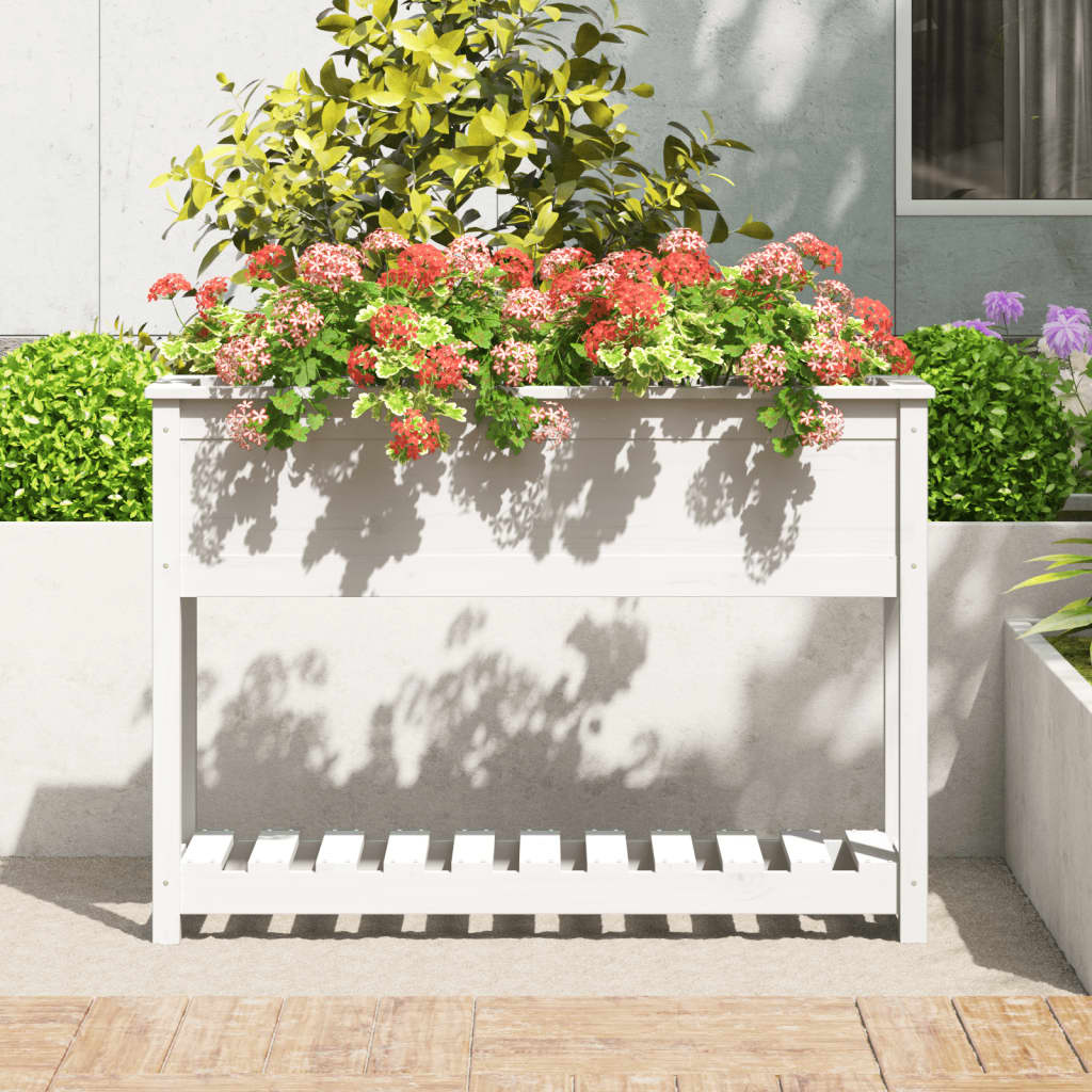 VidaXL Plantenbak met schap 111,5x34,5x81 cm massief grenenhout wit