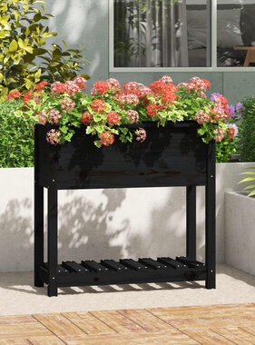 VidaXL Plantenbak met schap 82,5x34,5x81 cm massief grenenhout zwart