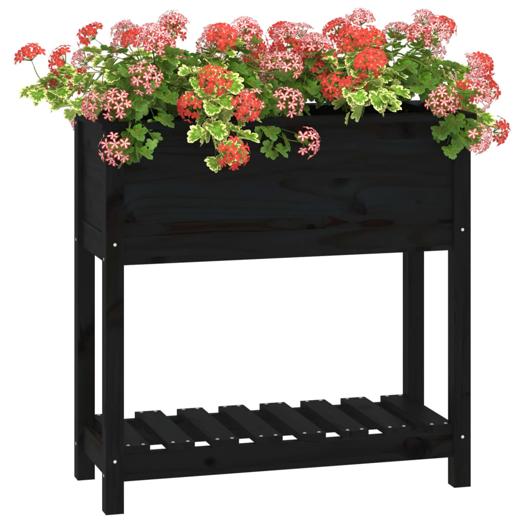 VidaXL Plantenbak met schap 82,5x34,5x81 cm massief grenenhout zwart