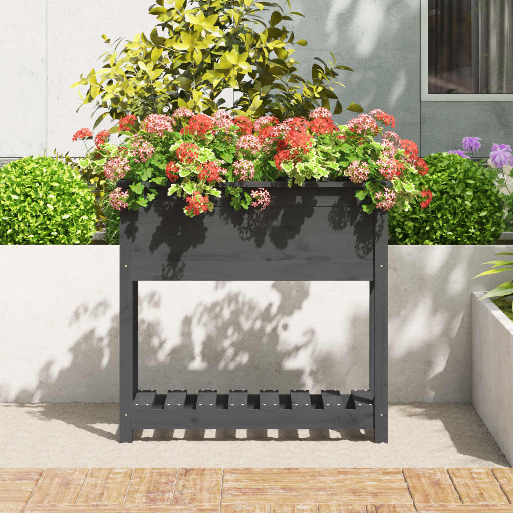 VidaXL Plantenbak met schap 82,5x34,5x81 cm massief grenenhout grijs