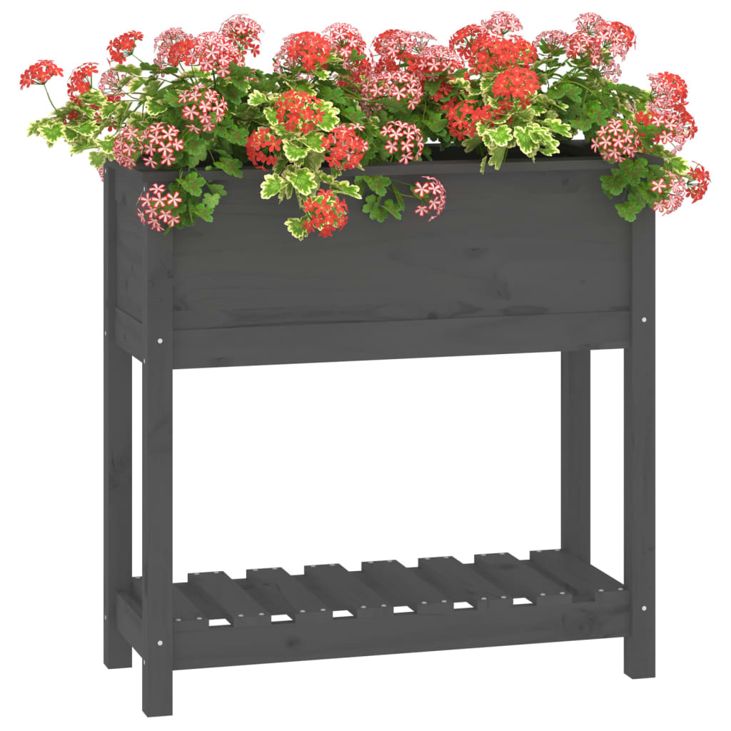 VidaXL Plantenbak met schap 82,5x34,5x81 cm massief grenenhout grijs