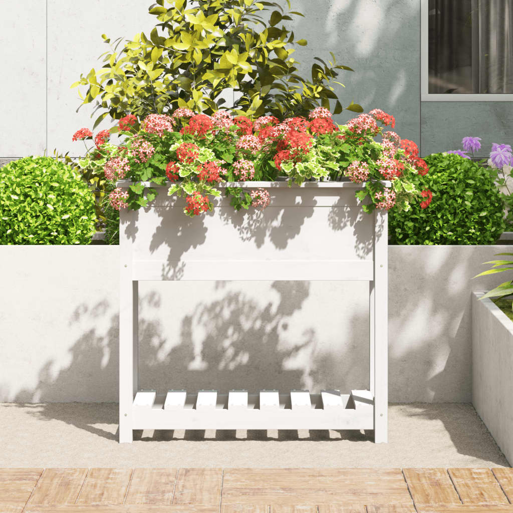 VidaXL Plantenbak met schap 82,5x34,5x81 cm massief grenenhout wit