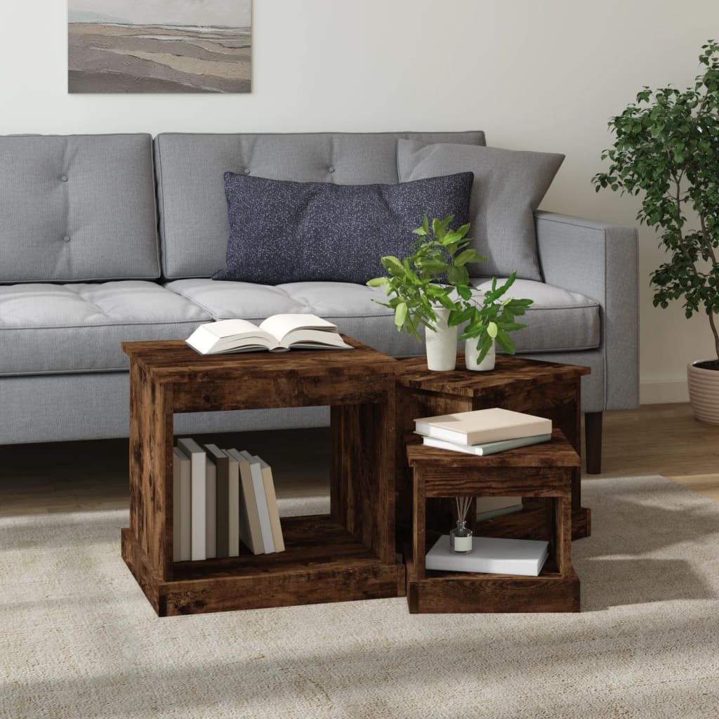 VidaXL 3-delige Tafeltjesset bewerkt hout gerookt eikenkleurig