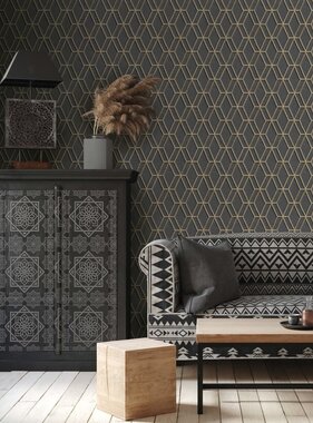 VidaXL Behang Hexagonal zwart en goudkleurig