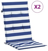 vidaXL Stoelkussens 2 st hoge rug gestreepte stof wit en blauw